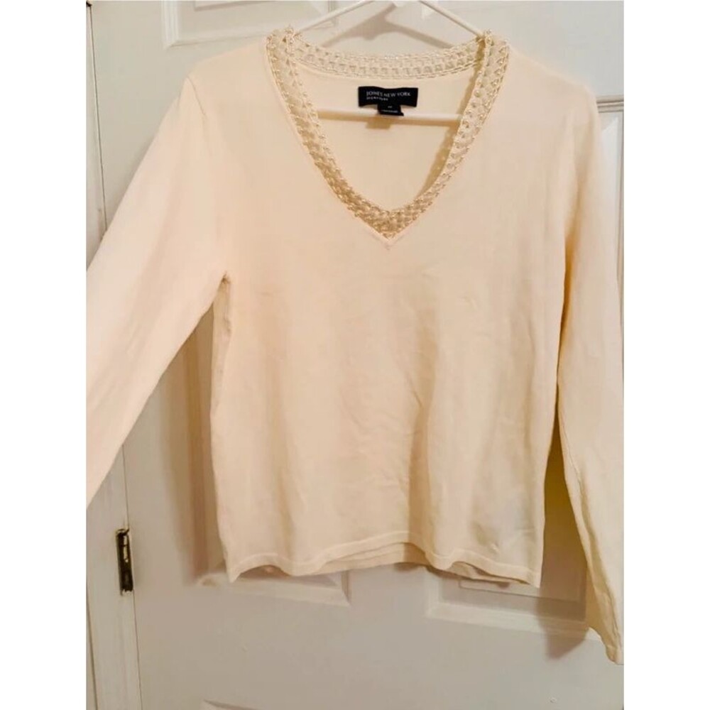 Jones New York Cream Sequin Bead Trimmed Sweater